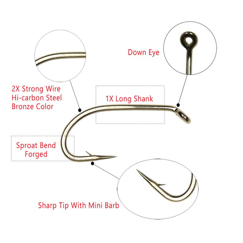 Bimoo 50/200 kom Mušičarska udica za suhu mušicu 2X Standardna žičana udica za nimfe Brončana obrada od nikla Materijal za vezivanje mušica Veličina #8 #10 #12 #14