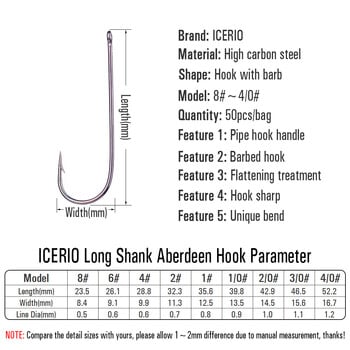 ICERIO 50PCS Long Shank Aberdeen Fishing Hook Θαλασσινό νερό Ψάρεμα γλυκού νερού Live Bait Sabiki Rigs Bass Trout Fly Hook