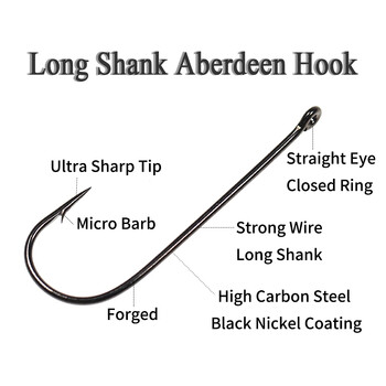 ICERIO 50PCS Long Shank Aberdeen Fishing Hook Θαλασσινό νερό Ψάρεμα γλυκού νερού Live Bait Sabiki Rigs Bass Trout Fly Hook