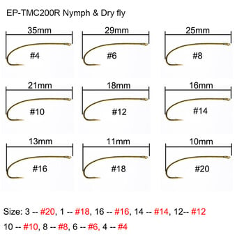 100 τμχ Eupheng EP-TMC200R Nymph Dry Fly Hook Standard Wire 3X Long Straight Eye Semidropped Point Forged Fly Fishing Hook