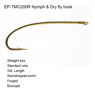100 бр. Eupheng EP-TMC200R Nymph Dry Fly Hook Standard Wire 3X Long Straight Eye Semidpped Point Forfly Fishing Cooks