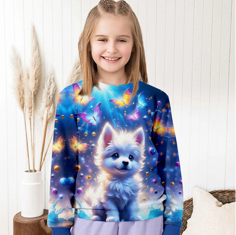 2024. gada pārrobežu ārējās tirdzniecības bērnu 3D drukāta multfilma, mīļa kaķa, apaļa kakla ar garām piedurknēm princeses stila rudens un ziemas sporta krekls meitenēm