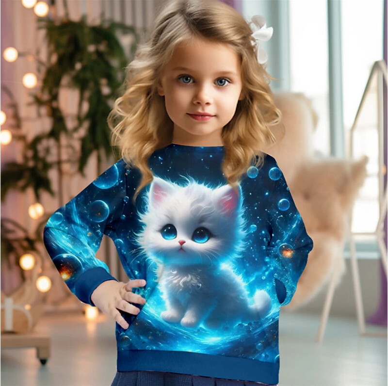 2024. gada pārrobežu ārējās tirdzniecības bērnu 3D drukāta multfilma, mīļa kaķa, apaļa kakla ar garām piedurknēm princeses stila rudens un ziemas sporta krekls meitenēm