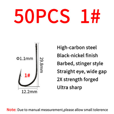 Elllv 20/50pcs 2X Strength Inline Stinger Hook Saltwater Fishing Sabiki Rigs Big Streamer Flies Tiing Hook #2 #4 #1/0 #2/0 #4/0