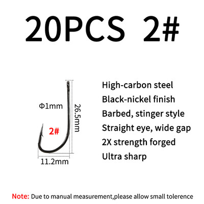 Elllv 20/50pcs 2X Strength Inline Stinger Hook Saltwater Fishing Sabiki Rigs Big Streamer Flies Tiing Hook #2 #4 #1/0 #2/0 #4/0
