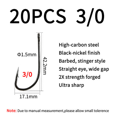 Elllv 20/50pcs 2X Strength Inline Stinger Hook Saltwater Fishing Sabiki Rigs Big Streamer Flies Tiing Hook #2 #4 #1/0 #2/0 #4/0