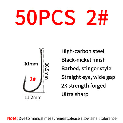 Elllv 20/50pcs 2X Strength Inline Stinger Hook Saltwater Fishing Sabiki Rigs Big Streamer Flies Tiing Hook #2 #4 #1/0 #2/0 #4/0
