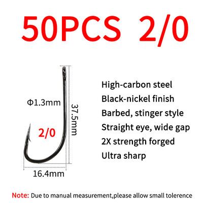 Elllv 20/50pcs 2X Strength Inline Stinger Hook Saltwater Fishing Sabiki Rigs Big Streamer Flies Tiing Hook #2 #4 #1/0 #2/0 #4/0
