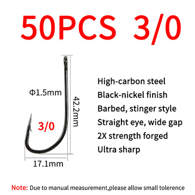 Elllv 20/50pcs 2X Strength Inline Stinger Hook Saltwater Fishing Sabiki Rigs Big Streamer Flies Tiing Hook #2 #4 #1/0 #2/0 #4/0