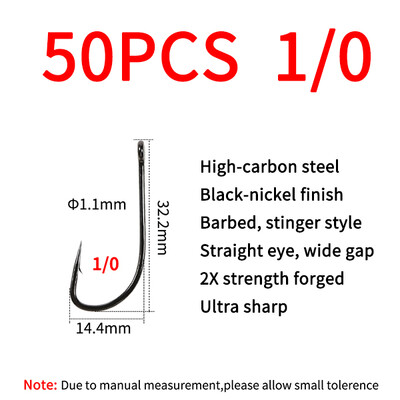 Elllv 20/50pcs 2X Strength Inline Stinger Hook Saltwater Fishing Sabiki Rigs Big Streamer Flies Tiing Hook #2 #4 #1/0 #2/0 #4/0