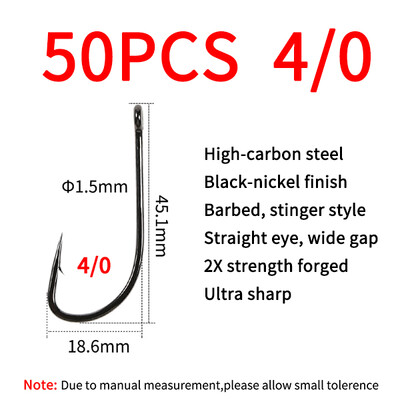Elllv 20/50pcs 2X Strength Inline Stinger Hook Saltwater Fishing Sabiki Rigs Big Streamer Flies Tiing Hook #2 #4 #1/0 #2/0 #4/0