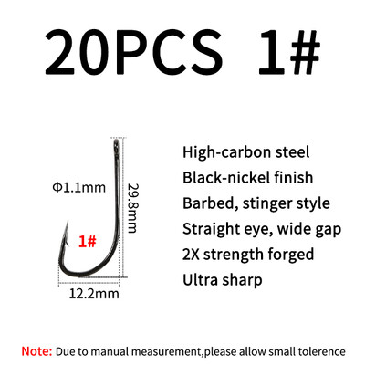 Elllv 20/50pcs 2X Strength Inline Stinger Hook Saltwater Fishing Sabiki Rigs Big Streamer Flies Tiing Hook #2 #4 #1/0 #2/0 #4/0
