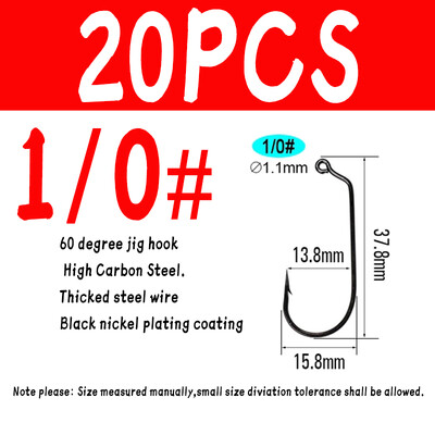 WIFREO 20PCS visokougljični čelik 60 stupnjeva Jig udica zadebljane mekane crv udice za slatkovodni ribolov u morskoj vodi Udica od kovane čelične žice