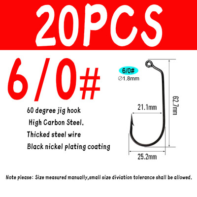 WIFREO 20PCS visokougljični čelik 60 stupnjeva Jig udica zadebljane mekane crv udice za slatkovodni ribolov u morskoj vodi Udica od kovane čelične žice