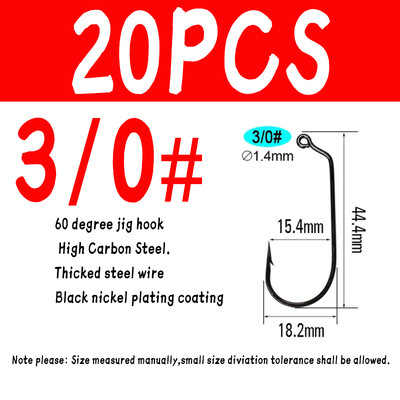 WIFREO 20PCS visokougljični čelik 60 stupnjeva Jig udica zadebljane mekane crv udice za slatkovodni ribolov u morskoj vodi Udica od kovane čelične žice