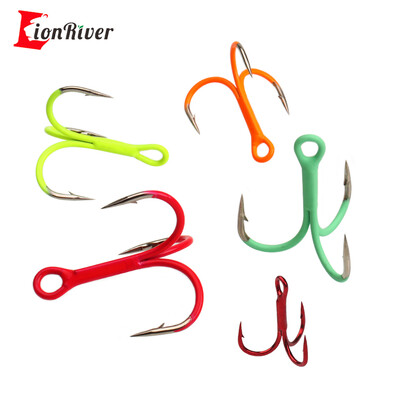 Linoriver 5PCS 14#-3/0 Round Bent Inline Treble Cooks Риболовна примамка Стръв Тройна кука Светещ зелен / UV розов оранжев шартрьоз