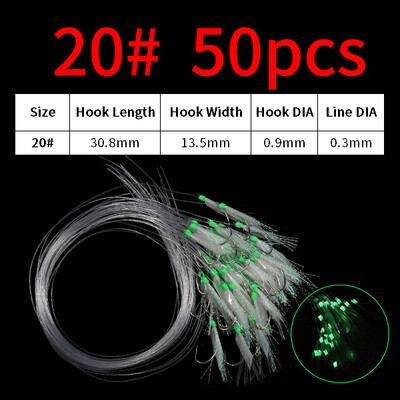 Elllv 50pcs 6# -28# Pre Tied Flash Fish Skin Sabiki Rigs Monofilament Line Sālsūdens Makrele Siļķu zvejai Luminous Lure Hook