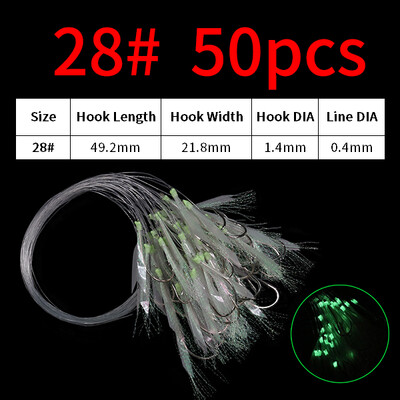Elllv 50pcs 6# -28# Pre Tied Flash Fish Skin Sabiki Rigs Monofilament Line Sālsūdens Makrele Siļķu zvejai Luminous Lure Hook