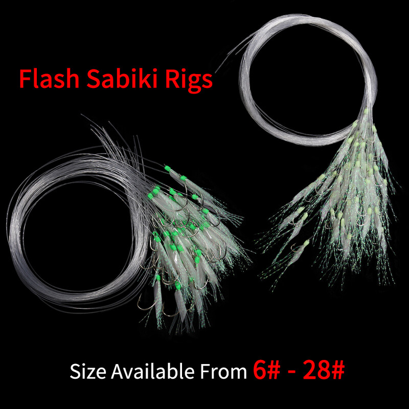Elllv 50pcs 6# -28# Pre Tied Flash Fish Skin Sabiki Rigs Monofilament Line Sālsūdens Makrele Siļķu zvejai Luminous Lure Hook