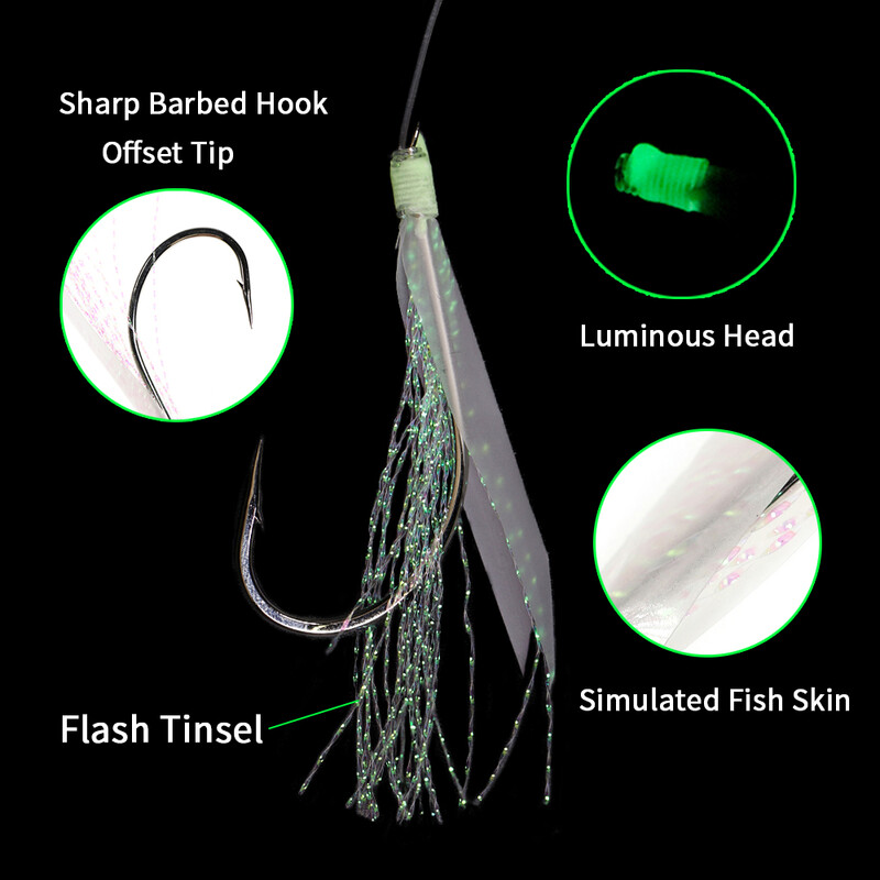 Elllv 50pcs 6# -28# Pre Tied Flash Fish Skin Sabiki Rigs Monofilament Line Sālsūdens Makrele Siļķu zvejai Luminous Lure Hook