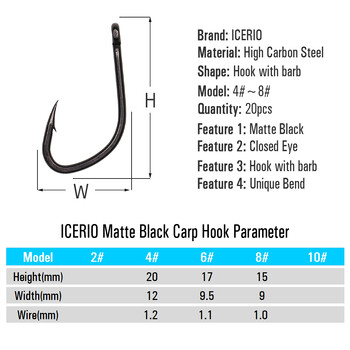 ICERIO 20 τμχ ίσιο στέλεχος V σχήμα ματ Μαύρο κυπρίνος γάντζος ψαρέματος υψηλής ανθρακούχο χάλυβα Δείγμα Αγκαθωτά αναδυόμενα άγκιστρα εξέδρας