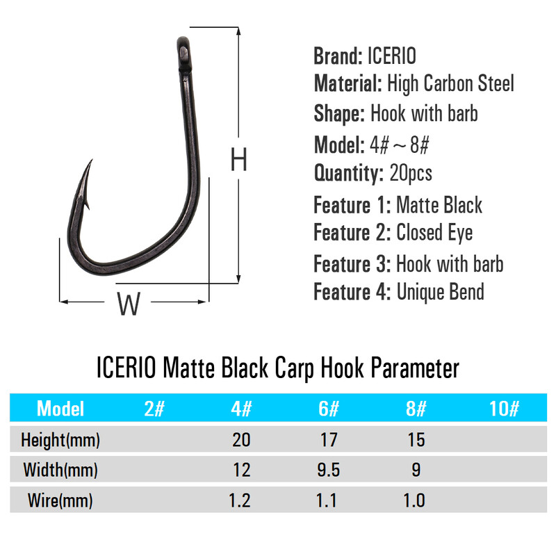 ICERIO 20 komada ravne drške V oblika, mat crna udica za pecanje šarana, uzorci visokougljičnog čelika, bodljikave iskočne udice