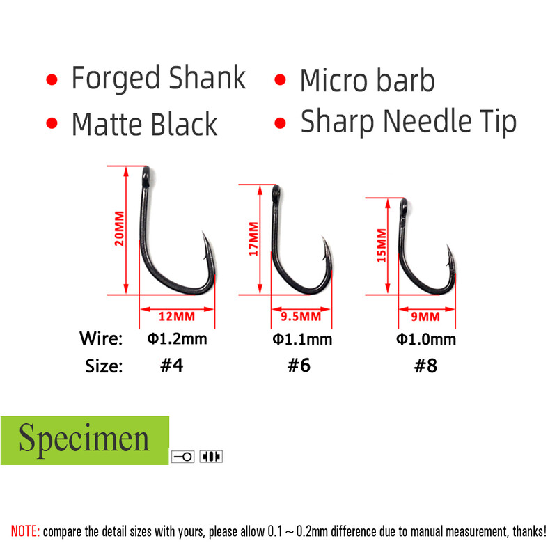 ICERIO 20 komada ravne drške V oblika, mat crna udica za pecanje šarana, uzorci visokougljičnog čelika, bodljikave iskočne udice
