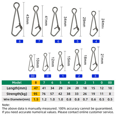 DNDYUJU 50 komada Ribolov Snap Fast Lock Fishing Connector Lure Sigurnosna igla Alat za ribu Snap od nehrđajućeg čelika Okretni ribarski pribor