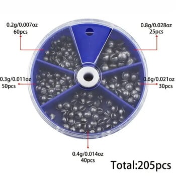 205 τμχ Premium Lead Fishing Sinkers με βολικό κουτί αποθήκευσης - 5 στρογγυλά μεγέθη για ακριβή χύτευση και ψάρεμα σε βαθιά νερά