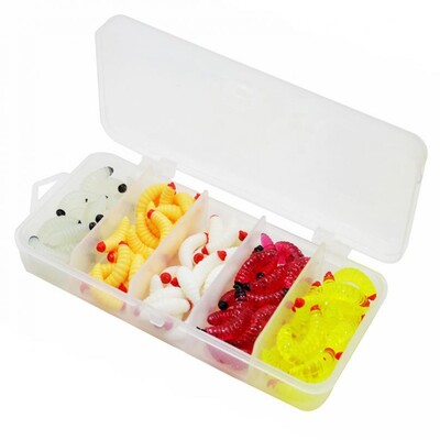 100 ks/krabica silikónové mäkké rybárske návnady Maggot 5 farieb zmiešané rybárske návnady na ostrieže chlieb červy rybárske návnady krabička