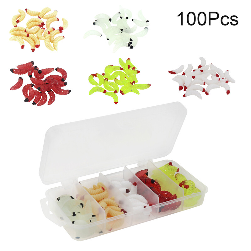 100 ks/krabica silikónové mäkké rybárske návnady Maggot 5 farieb zmiešané rybárske návnady na ostrieže chlieb červy rybárske návnady krabička