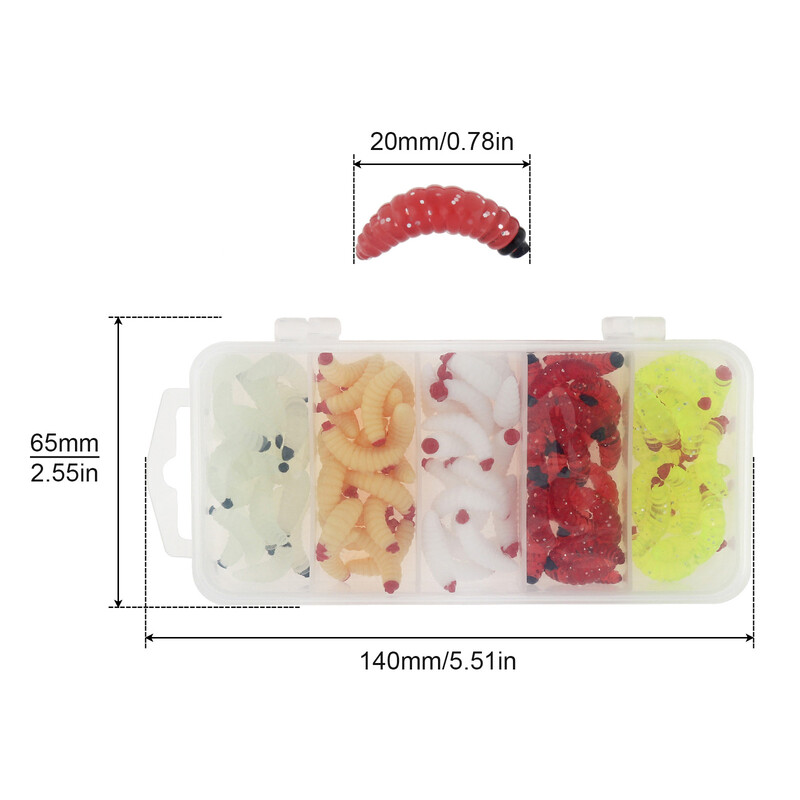 100 ks/krabica silikónové mäkké rybárske návnady Maggot 5 farieb zmiešané rybárske návnady na ostrieže chlieb červy rybárske návnady krabička