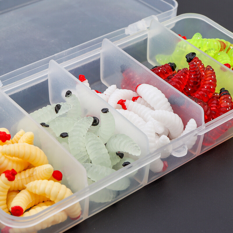 100 ks/krabica silikónové mäkké rybárske návnady Maggot 5 farieb zmiešané rybárske návnady na ostrieže chlieb červy rybárske návnady krabička