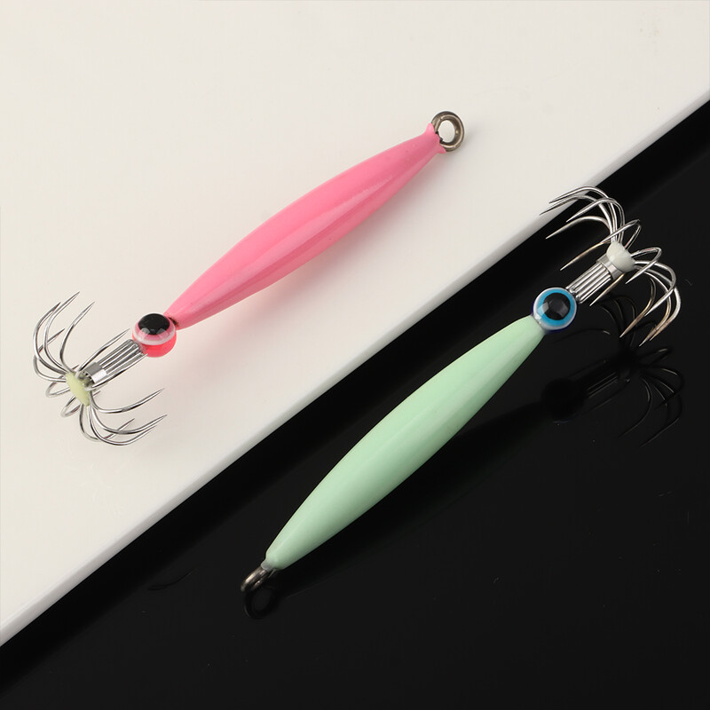 Novi stil Svjetleća/ružičasta udica za lignje s ribljim očima Svjetleća simulacija mamca za hobotnicu Drveni mamci za škampe Ribolovni pribor za ribu s rukavom
