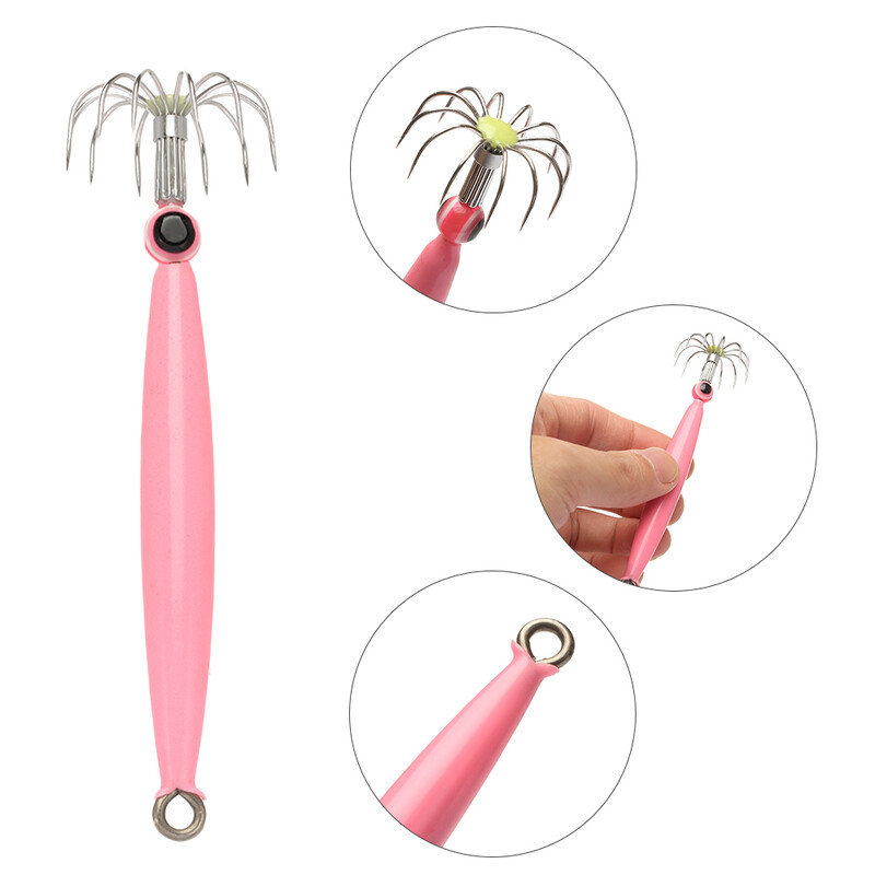 Novi stil Svjetleća/ružičasta udica za lignje s ribljim očima Svjetleća simulacija mamca za hobotnicu Drveni mamci za škampe Ribolovni pribor za ribu s rukavom