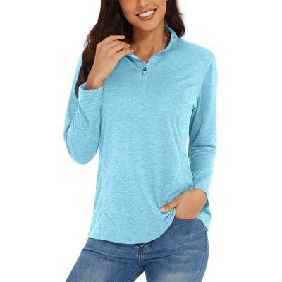 KEFITEVD UPF 50+ Majice dugih rukava Ženske 1/4 Zip samostojeće ovratnike Planinarske majice Brzosušeće majice za trčanje Majice kratkih rukava Puloveri