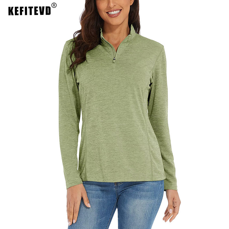 KEFITEVD UPF 50+ Majice dugih rukava Ženske 1/4 Zip samostojeće ovratnike Planinarske majice Brzosušeće majice za trčanje Majice kratkih rukava Puloveri