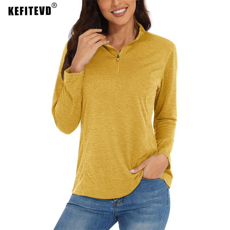 KEFITEVD UPF 50+ Majice dugih rukava Ženske 1/4 Zip samostojeće ovratnike Planinarske majice Brzosušeće majice za trčanje Majice kratkih rukava Puloveri