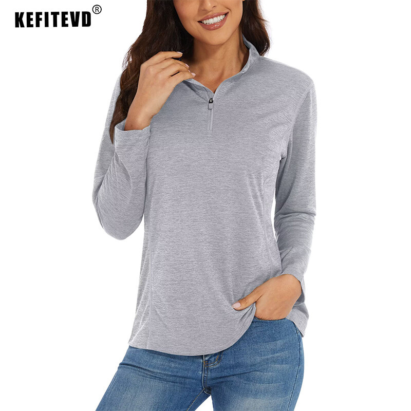 KEFITEVD UPF 50+ Majice dugih rukava Ženske 1/4 Zip samostojeće ovratnike Planinarske majice Brzosušeće majice za trčanje Majice kratkih rukava Puloveri