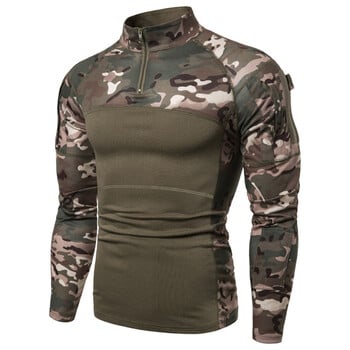 Мъжка военна тениска Outdoor Elastic Fitness Camo Tactical Tops T-shirt с дълъг ръкав Мъжко облекло с цип и джоб