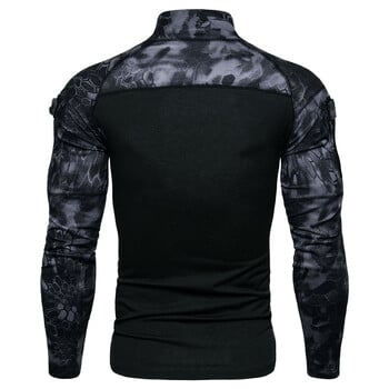 Мъжка военна тениска Outdoor Elastic Fitness Camo Tactical Tops T-shirt с дълъг ръкав Мъжко облекло с цип и джоб