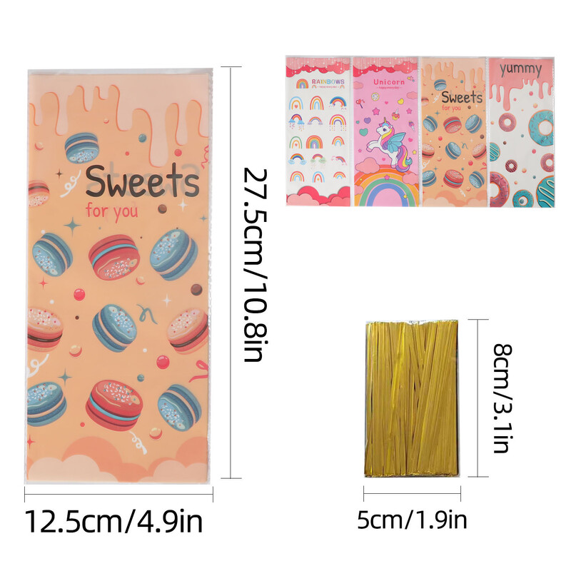 Prekogranična dugina opp vrećica za slatkiše, 50 komada vrećica za poklone za rođendansku zabavu, celofanska vrećica s ravnim džepom, vrećica za pakiranje keksa