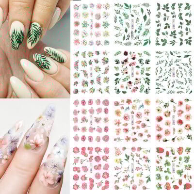 Cezhraničné nové štýlové nálepky 12 ks na vodoznaky na nechty, jarné kvety a série tráva, kvety, listy, kvety, vodoznaky, nálepky na nechty