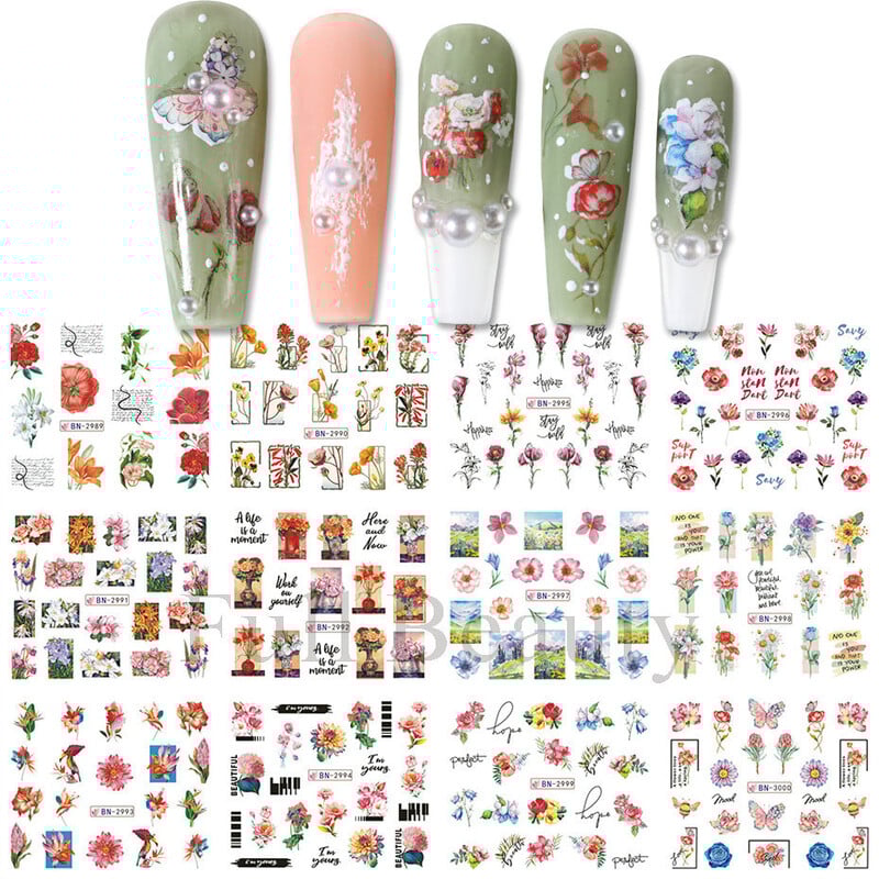 Cezhraničné nové štýlové nálepky 12 ks na vodoznaky na nechty, jarné kvety a série tráva, kvety, listy, kvety, vodoznaky, nálepky na nechty