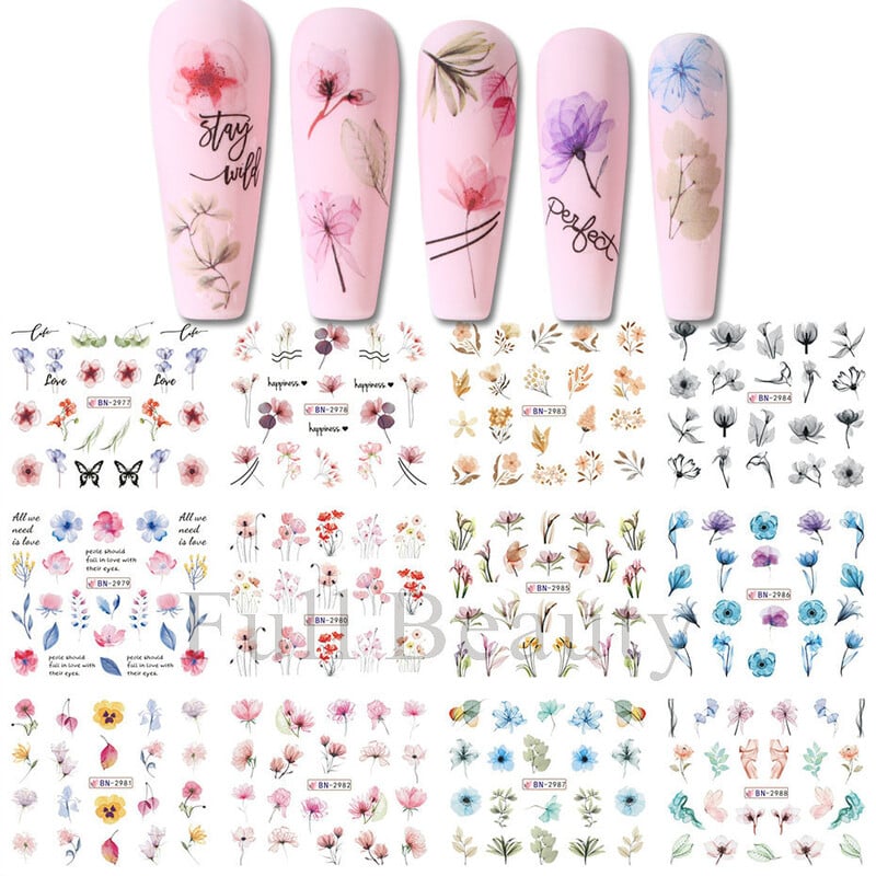 Cezhraničné nové štýlové nálepky 12 ks na vodoznaky na nechty, jarné kvety a série tráva, kvety, listy, kvety, vodoznaky, nálepky na nechty