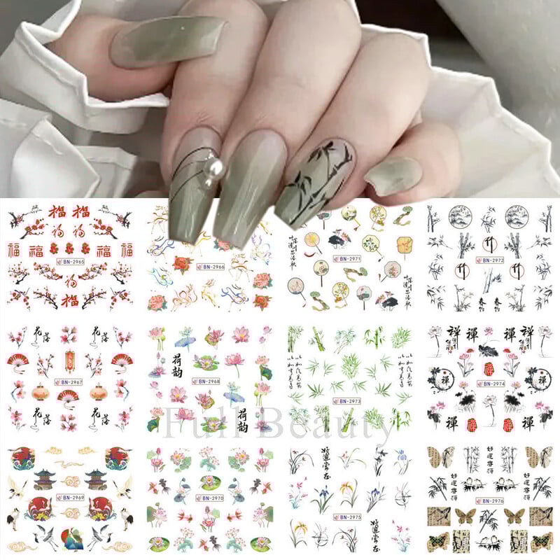 Cezhraničné nové štýlové nálepky 12 ks na vodoznaky na nechty, jarné kvety a série tráva, kvety, listy, kvety, vodoznaky, nálepky na nechty