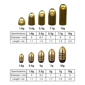 5 τμχ ορειχάλκινο βαρίδι 1,8 g 3,5 g 5 g 7 g 10 g Non-Lead Brass Sinker Bullet Weights For Texas Rig