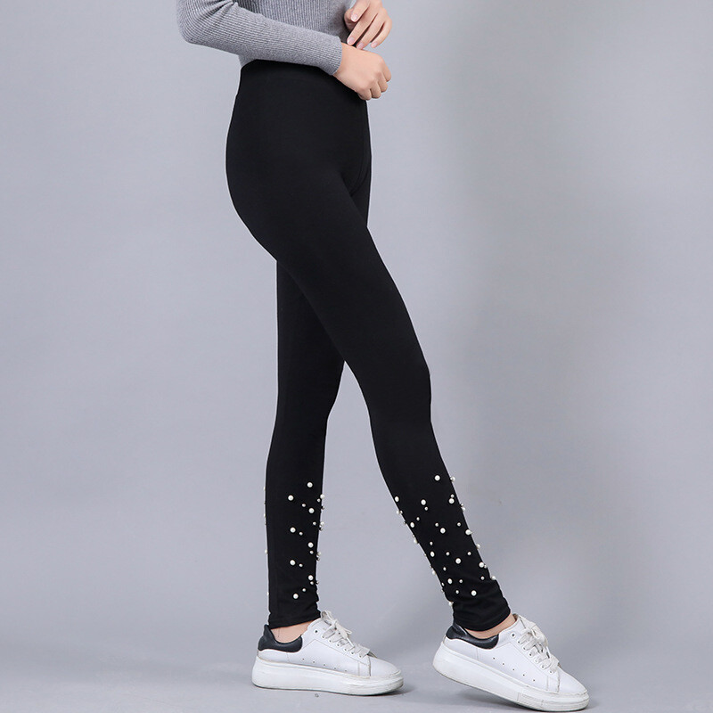 Leggings de dama supradimensionati de primavara si toamna, jambiere din bumbac pur cu margele, pantaloni subtiri de dama, universali cu perle