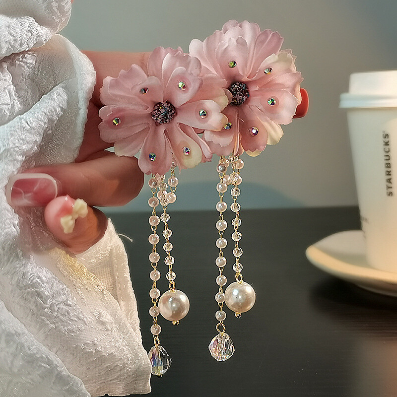 Pink flowers, super fairy, tassel earrings, Japanese and Korean summer flowers, pearls, long earrings, individual temperament, silver needle earrings