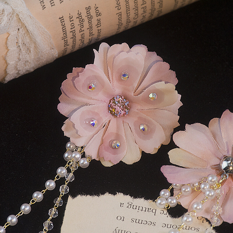 Ružové kvety, super víla, strapcové náušnice, japonské a kórejské letné kvety, perly, dlhé náušnice, individuálny temperament, strieborné ihlové náušnice